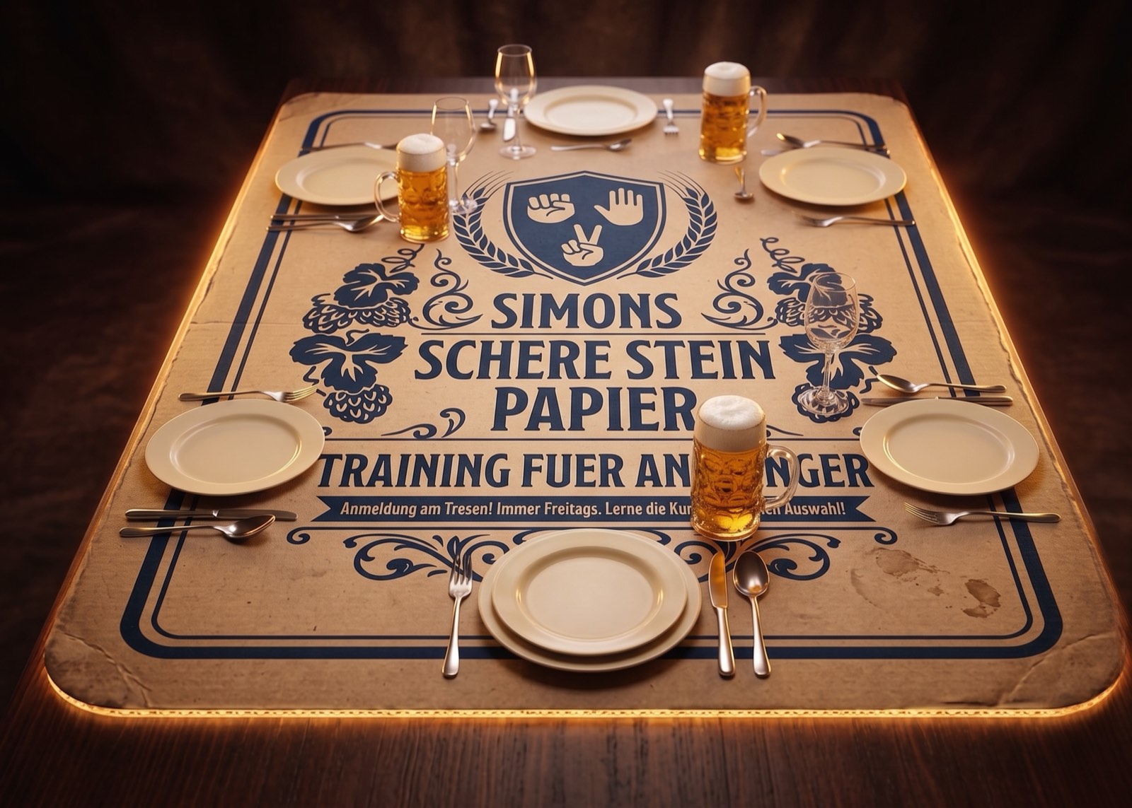 Tischdeckel mit Custom Print: Simons Schere Stein Papier — Training für Anfänger