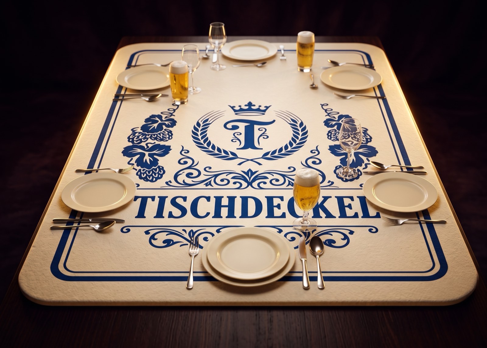 Der Tischdeckel: ein einziger riesiger Bierdeckel unter einem komplett gedeckten Tisch